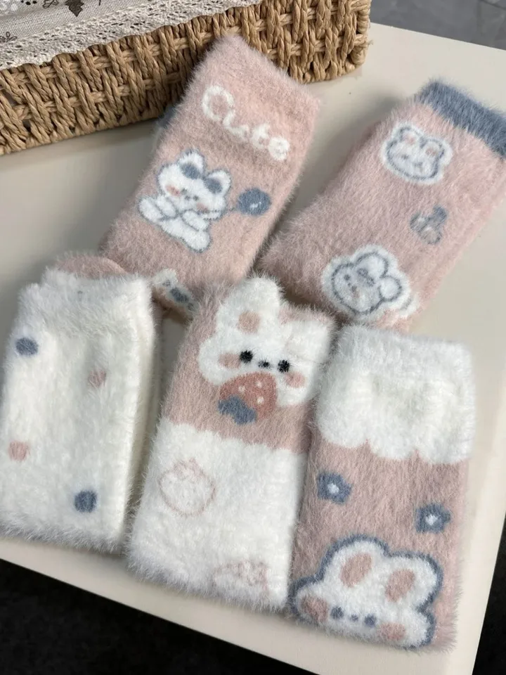 Japonská sladká ružová karikatúra králiky Bowknot Imitácia Mink ponožky zimné plyšové teplé domáce spiace ponožky INS roztomilé chlpaté rúrkové ponožky