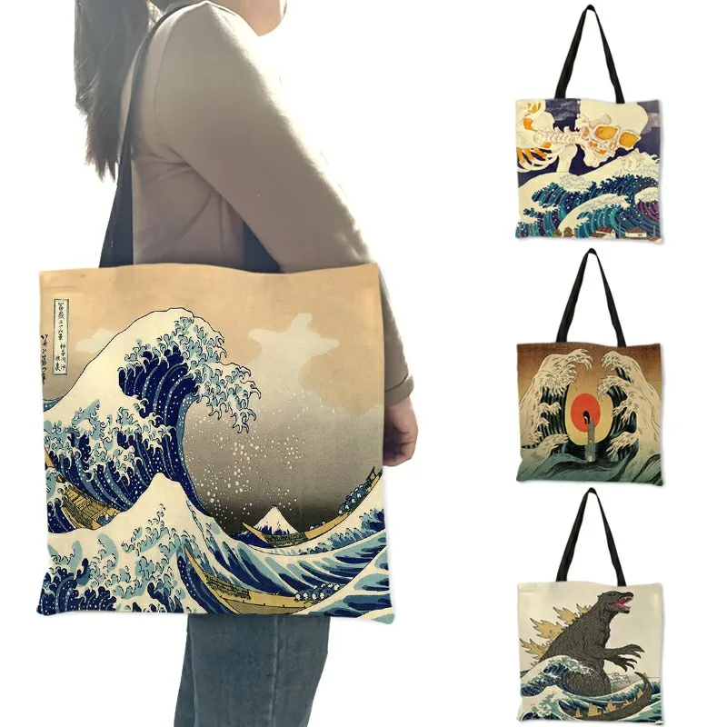 Japonská ukrijáčka Series Series Ramery Women Tote Candbags Classic Sea Wave Print Tacks Girls Shopping Bag B06129