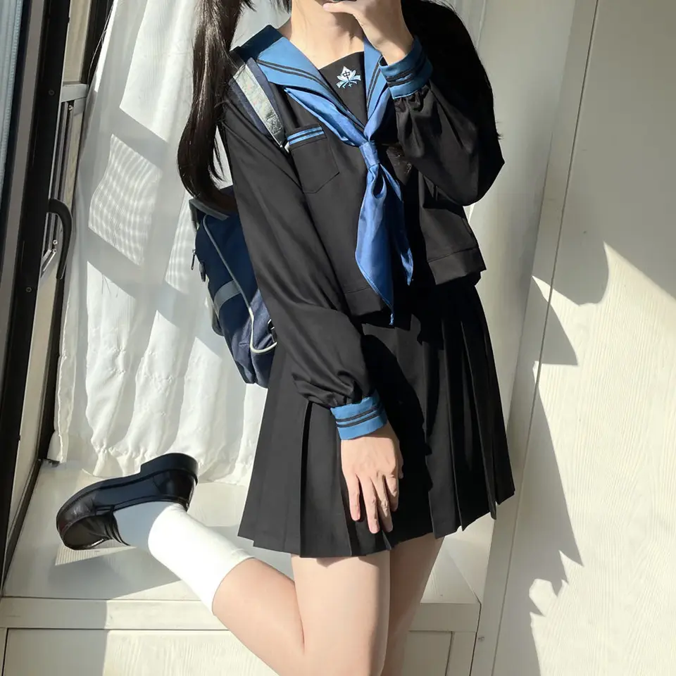 Japonská uniforma čierneho námorníka oblečenie modrá kravata Kórejská stredná škola JK Uniforma Set Seifuku Sailor Sutor Študent Cosplay prežitej sukne