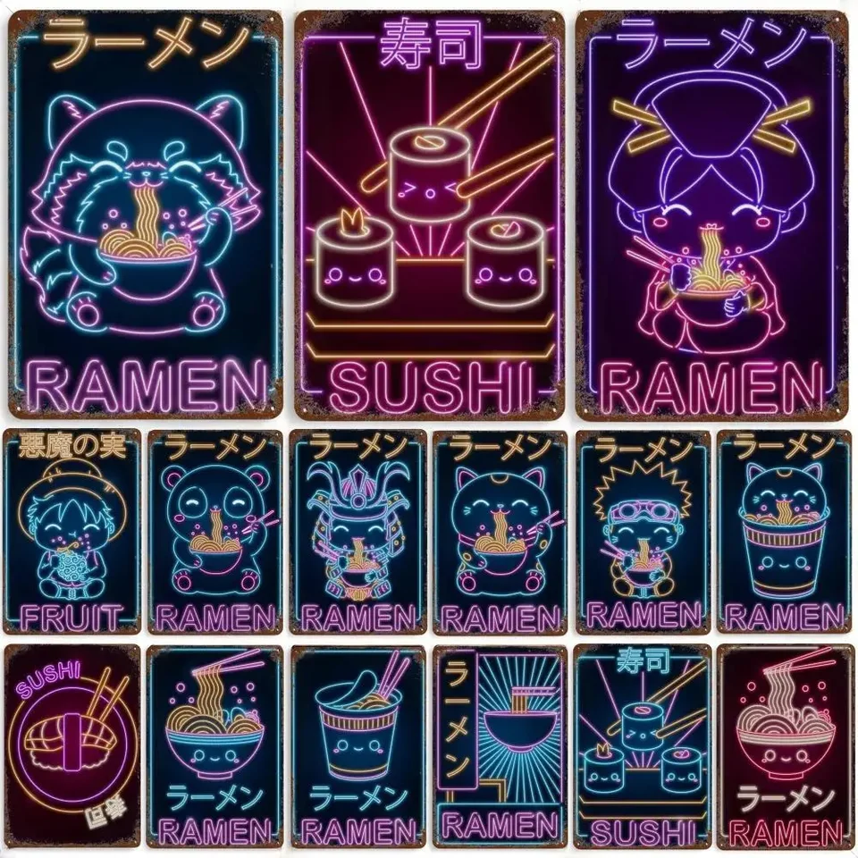 Japonská vlna ramen sushi plagáty neónové dizajn Japonsko Culture retro kawaii kuchyňa kovová plechová značka Plaque Room Wall Art Decor