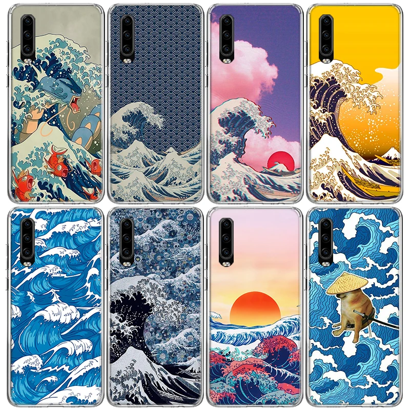 Japonská vlna umenia puzdro pre Huawei P30 Lite P40 P20 P10 P50 Mate 10 20 30 40 Pro Art Pattern Soft TPU Zadný kryt TPU