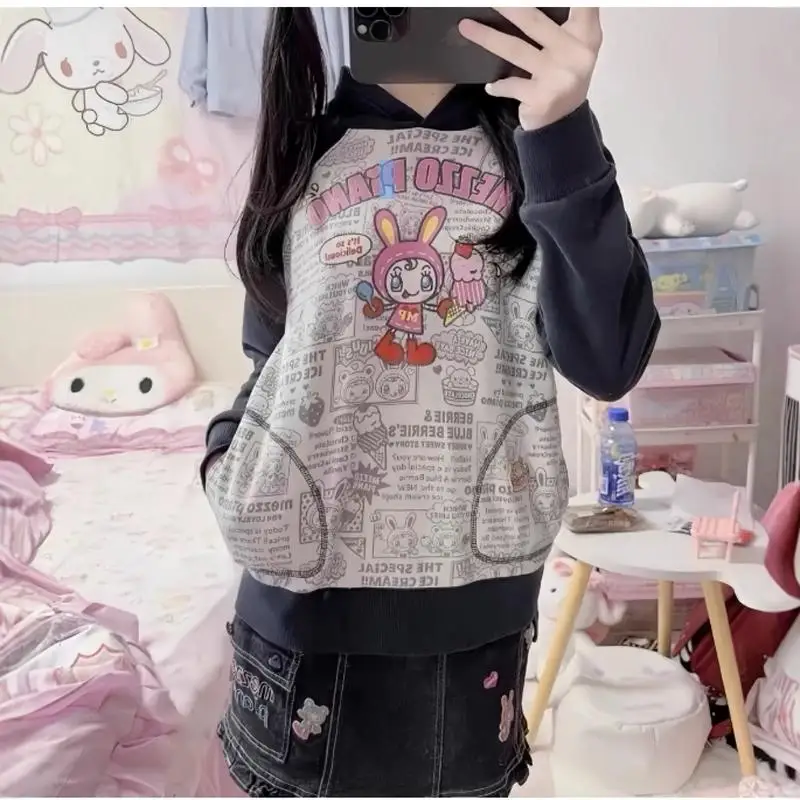 Japonská y2k estetická lolita s kapucňou tričko Ženy Dark Gothic Cartoon tlač grunge odpaliská vrcholy sladké streetwear harajuku tričká