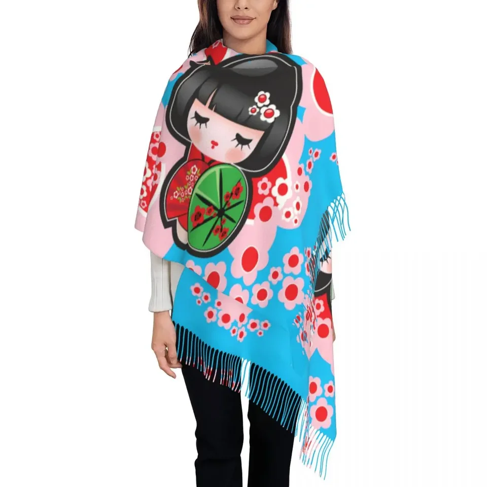 Japonská červená sakura šatka kokeshi bábika Teplé šály a zábaly s dámskymi dámskymi retro šatkami
