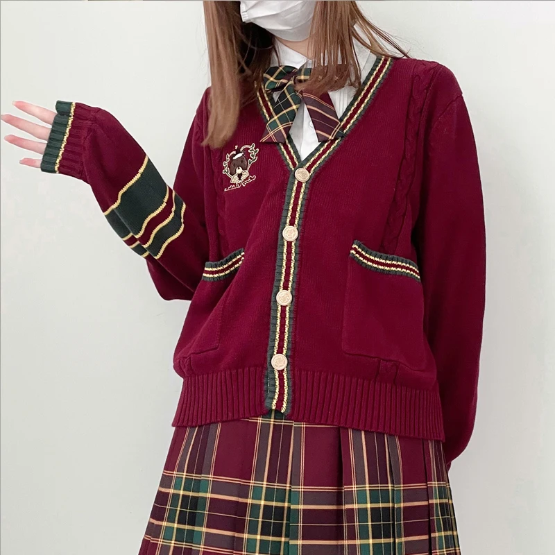 Japonská školská uniforma zimná dievčina preppy štýl sveter Knit Red Sweater bunda pre JK Uniforma Kórejské vysokoškolské študentské oblečenie