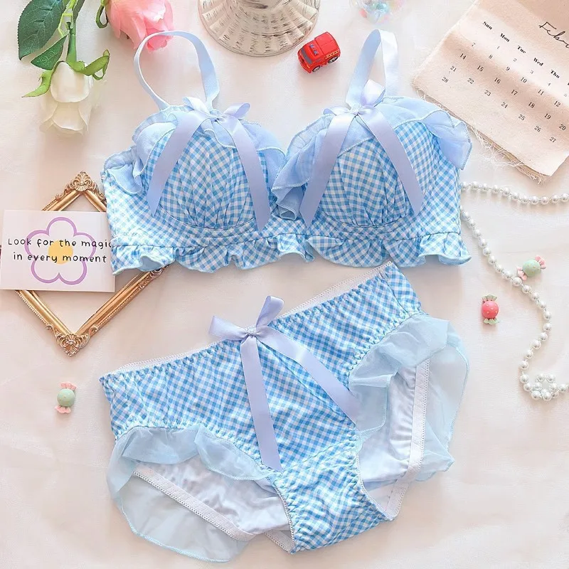 Japonské dievčatá podprsenka Set Sweet Bow Polka dot malá push-up spodná bielizeň