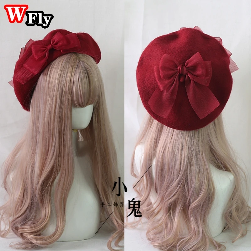 Japonské harajukuské dámske dievčatá čipky lukbocnot klobúk klobúk sladká lolita vlna baret beanie umelky