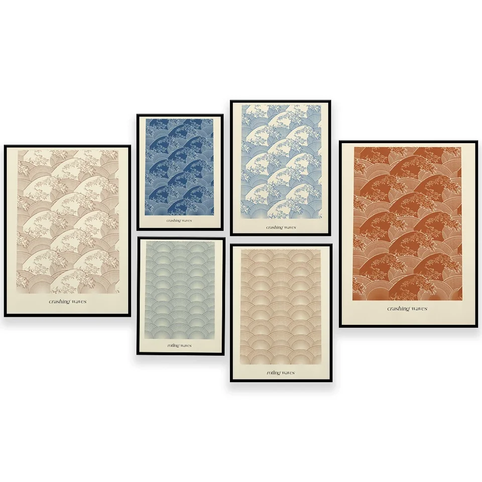 Japonské inšpirované línie valcových vĺn, Shockwave Line Art Wall Print - Kanagawa Big Wave Line Plagát, minimalistické moderné vlny