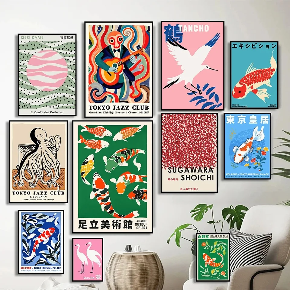 Japonské koi rybie múzeum jazzové klubové plagáty Crane Bird Výstava nástenná maľba maľba maľba Nordic plagát tlač