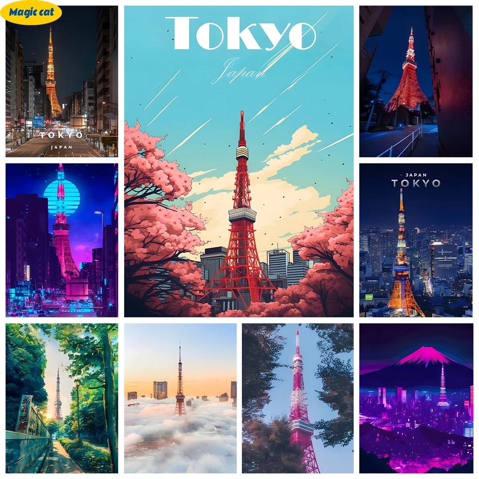 Japonské orientačné body 5D diamantová maľba Kit Tokio Tower DIY Diamond výšivka krížový steh pre dospelých ručné nástenné nástenné nástenné steny darček
