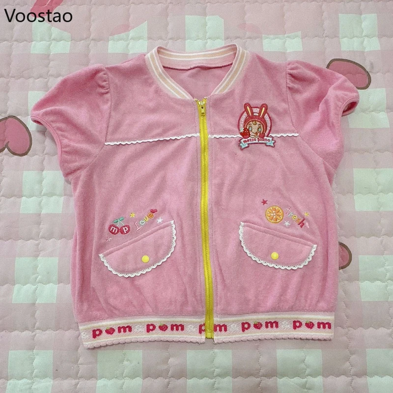 Japonské sladké roztomilé karikatúry výšivky Dámske tričká Kawaii s krátkym rukávom zips ružové kabáty Tees Dievčatá y2k estetické vrcholy plodín