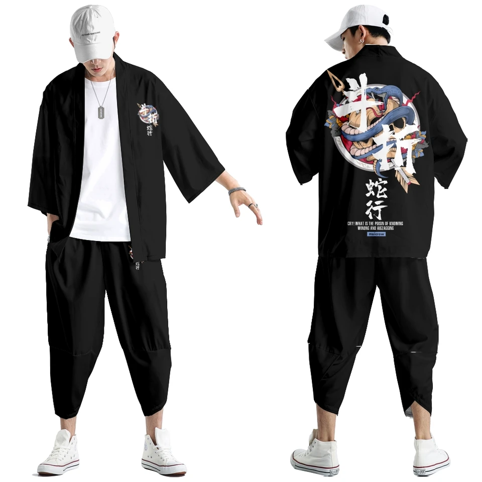 Japonské tradičné oblečenie démonové tlač kimono nohavice muži retro yukata ázijský módny oblek harajuku hanfu yukata bunda
