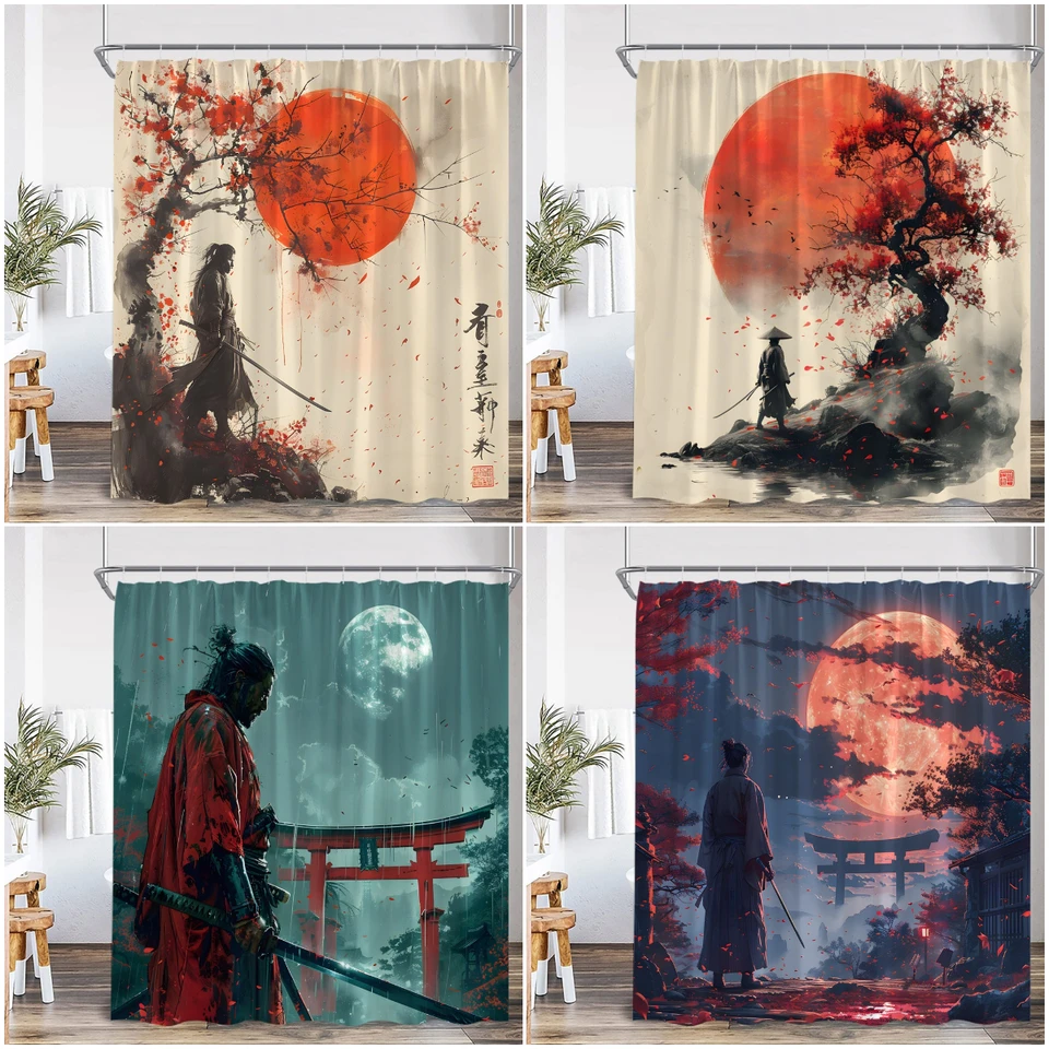 Japonský bojovník samuraj sprchový záves Japan Japan Svätyňa červený spln čerešňový kvet vaňa dekor polyester kúpeľ
