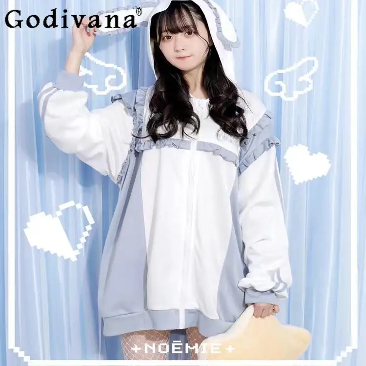 Japonský denný Sanrio Kawaii králiky na uši kapucňu zips zips svetovej bundy Dámska jarná a jesenná voľná voľná študentka Sladké kabáty