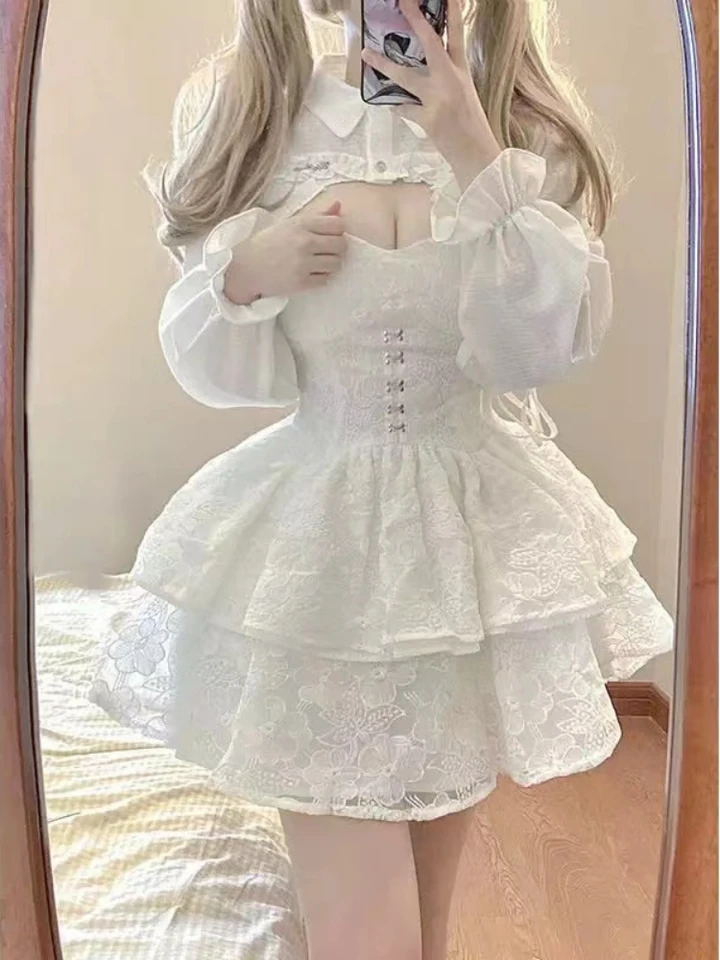 Japonský kawaii lolita šaty Ženy Elegantné sladké čipky biely remienok Šaty sexy kórejská módna narodeninová oslava rozprávkové šaty