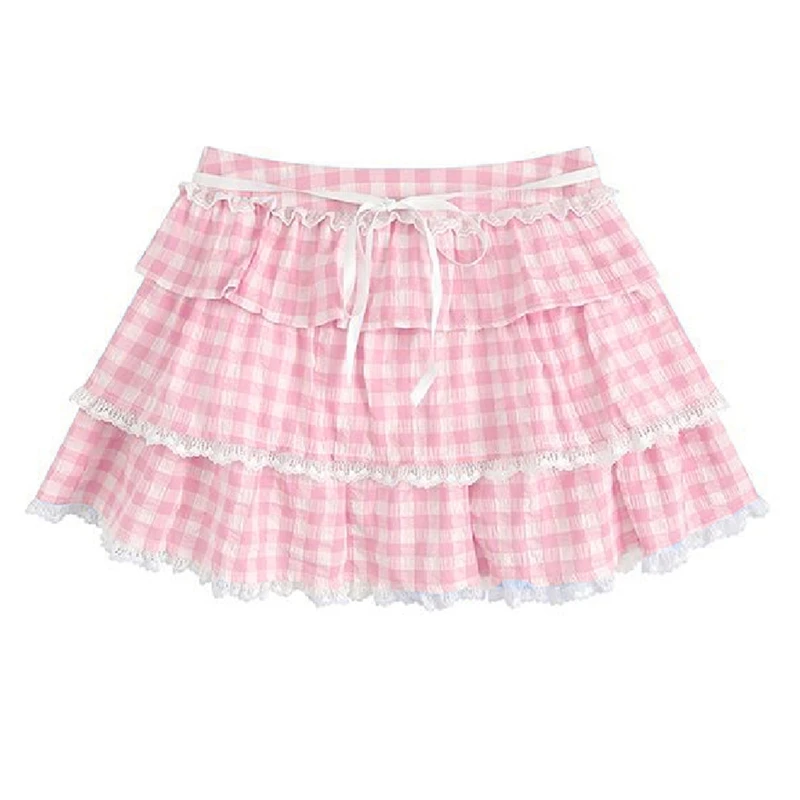 Japonský kawaii čipkovaný lem mini sukňa lolita štýl gingham vrstvy A-line sukňa y2k estetická kockovaná sukňa teen dievča streetwear