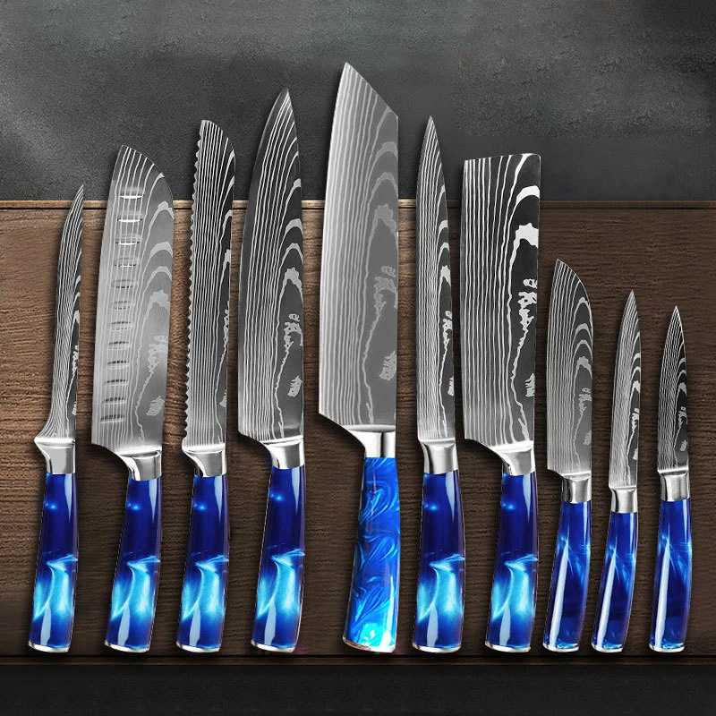 Japonský nôž Santoku 10ks damascus vzor nožov Sada šéfkuchárskeho noža Knife Knife Mäso Štiepne zeleninové krájanie nože