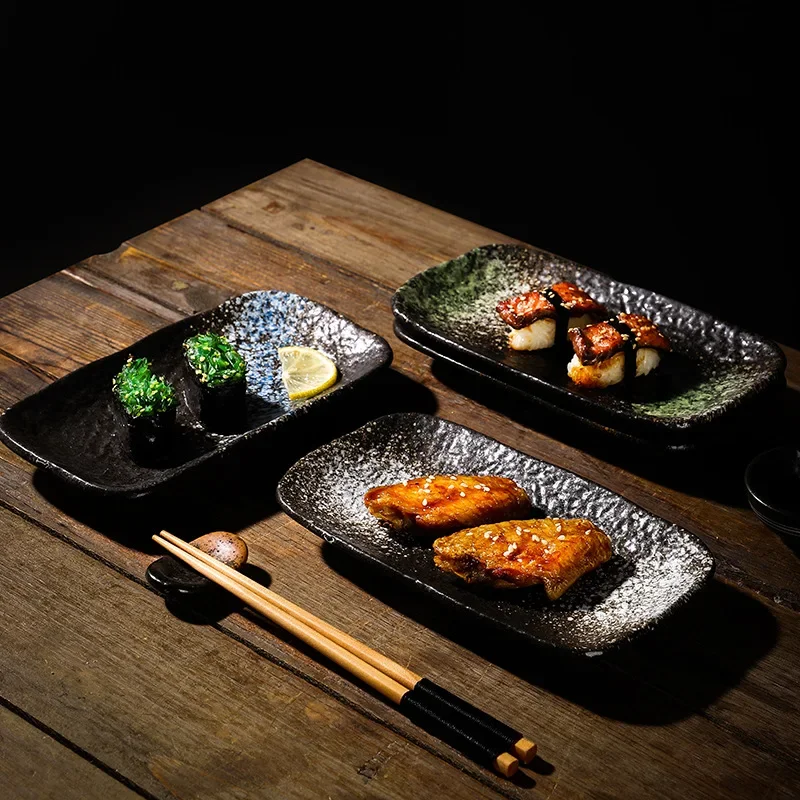 Japonský obdĺžnikový kamenný vzor, ​​keramická, komerčná doska na dim sum, retro plochá rastlinná doska