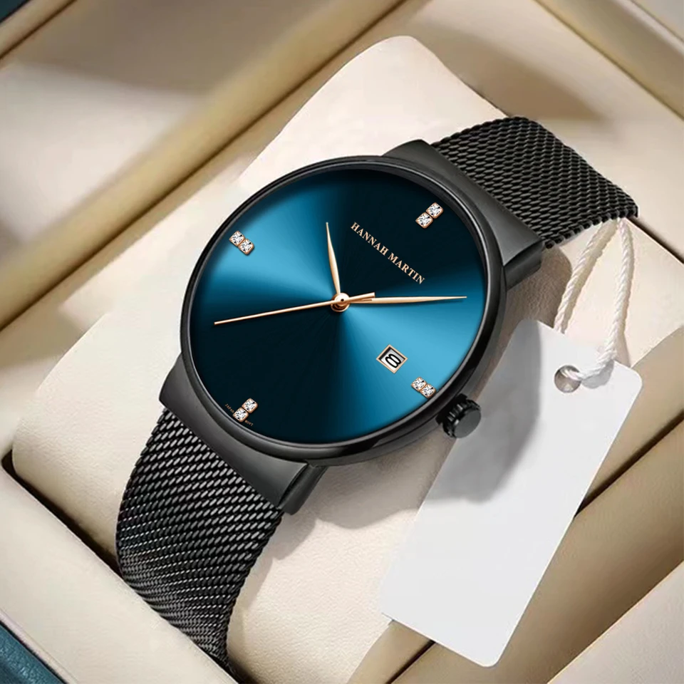 Japonský originálny Quartz Movement Watch Luxusný kamienok 40 mm modrý čierny obchodný štýl Náhodné móda z nehrdzavejúcej ocele