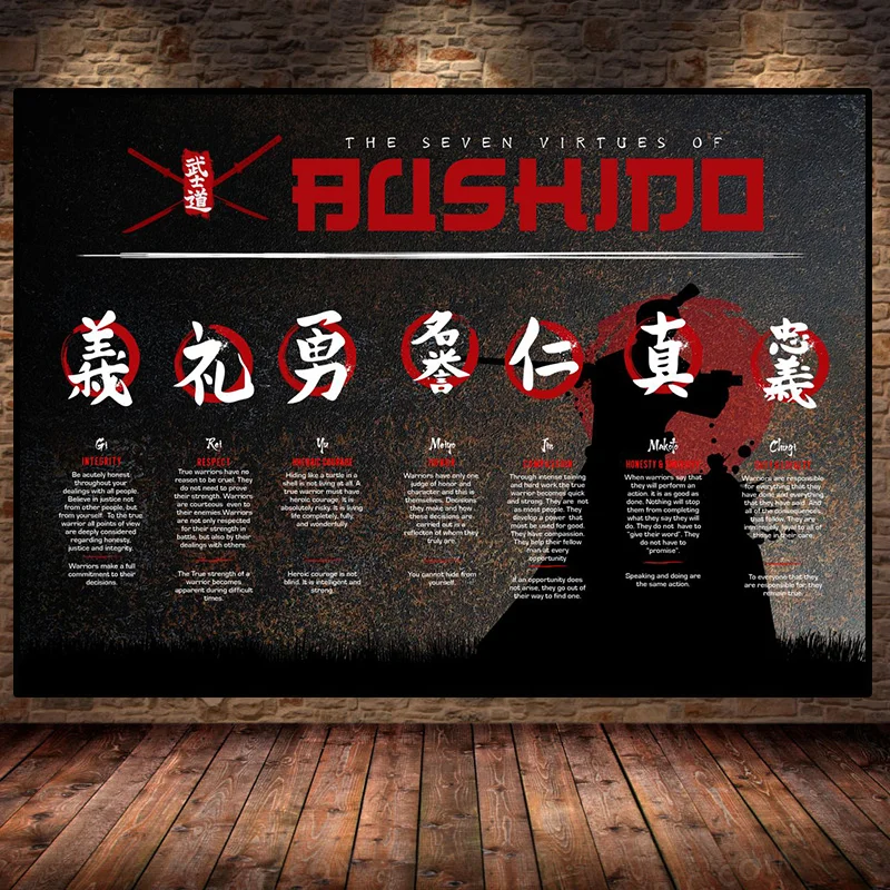 Japonský samuraj Sedem cností Bushido Art Warrior plagát plagáty maľba nástenné výtlačky Obrázok pre obývaciu izbu Domovod