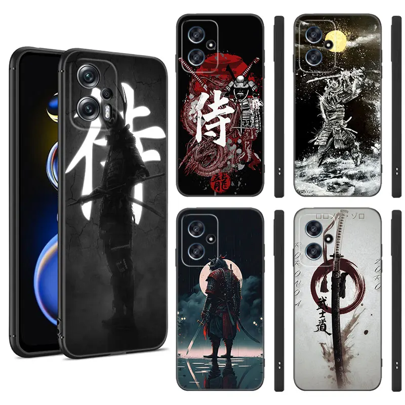 Japonský samurajský štýl čierneho silikónového telefónu pre Xiaomi POCO X3 X4 NFC F4 GT F5 F6 M3 M4 M6 X5 X6 PRO 5G M5 C55 C65