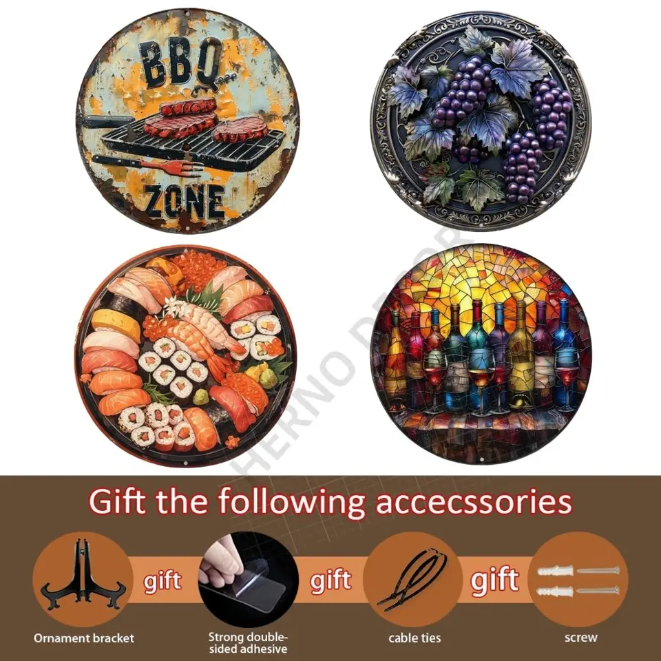 Japonský sushi darček téma Round Metal Hliníková značka Art Desktop Deckorative Plates for Bar Cafe Club Yard domáca kancelária Decor Decor