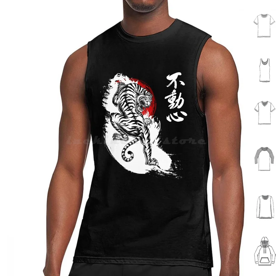 Japonský tiger s Fudoshin Kanji (biele) Tank Tops Tlač bavlny Japonsko Japonsko Tiger Tora Fudoshin Spirit Power