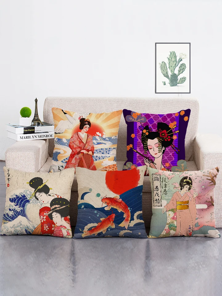 Japonský ukiyo štýl dekoratívny vankúšový kryt retro japonské dámy Fuji Mountain oceán