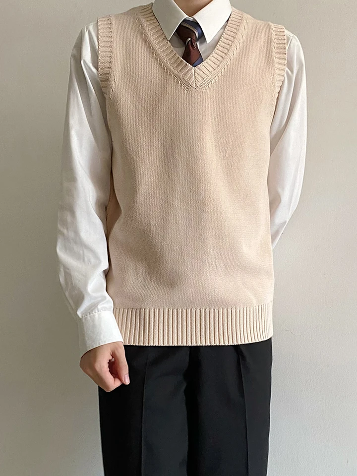 Japonský študentský štýl pánskeho sveter bez rukávov, pulóverový masívny pletený sveter, čistá bavlnená vesta, DA051