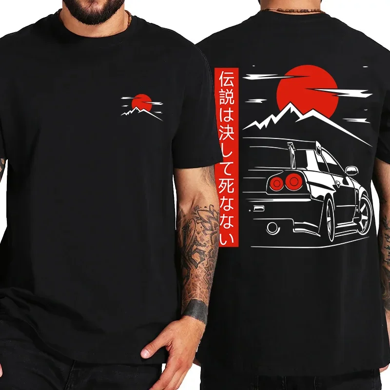 Japonský štýl automobil JDM Culture GTR R34 Racing Men Back the Print Street Design Design 100% bavlnené topy Tee Hiphop T tričká