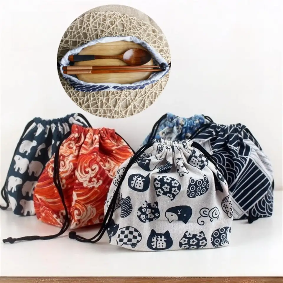 Japonský štýl Drawstring obed Storage tašku na cestovanie piknik prenosné ľahké umývanie bento obedový box tote vrecko s taškou