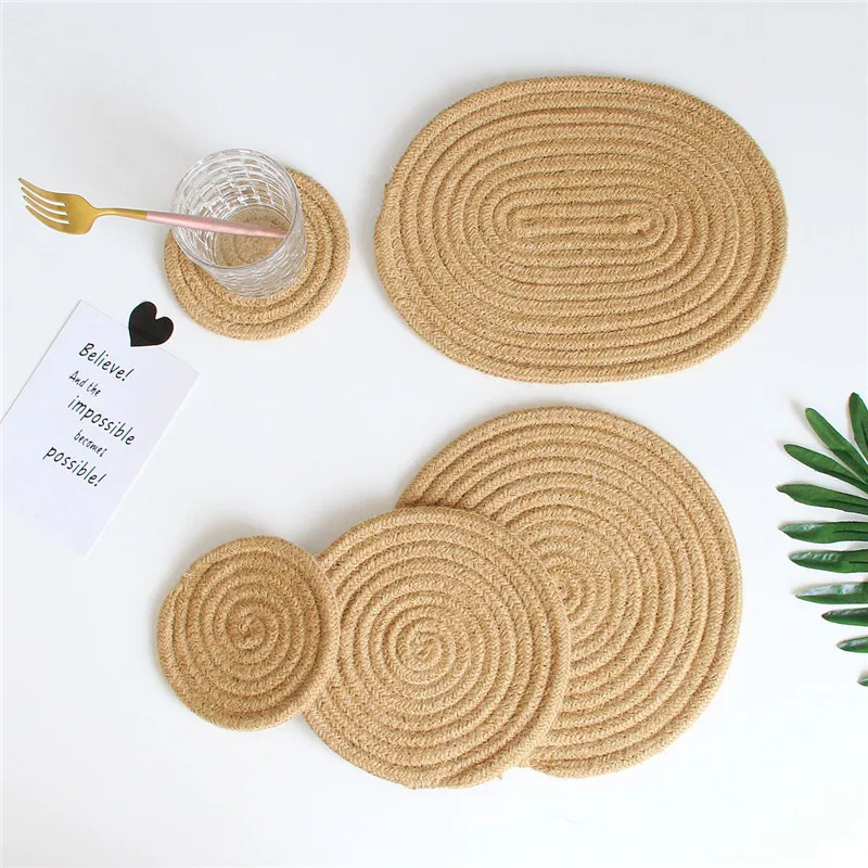 Japonský štýl Jute Placemat Ručne tkané bavlnené lano jedálenský stolík Izolácia podložka Disk misky vankúšiky držiak hrnca nápojový pohár Coaster