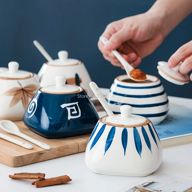 Japonský štýl keramické korenie sada kuchynská soľ Shaker Seasoning Box Seasoning Bottle Sugar Msg Seasoning Pot