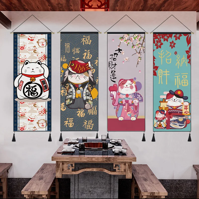 Japonský štýl Maneki Neko Scroll Hanging Plagáty Kakemono Domáca dekorácia obývacia izba pozadie nástenné maľby Anime tapiséria