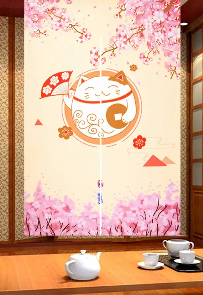 Japonský štýl NOREN DLHÉ DOORWAY CONAIN FORKUNÁ LUCKA CAT a čerešňové kvety závesné dvere TAPESTRY pre domácu dekoráciu