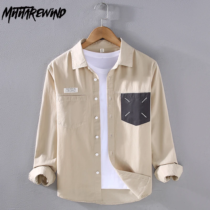 Japonský štýl pánske tričko s dlhým rukávom Pure Cotton Casual Tirls Patchwork Double vrecká košeľa jar letné mládežnícke topy módne vrcholy