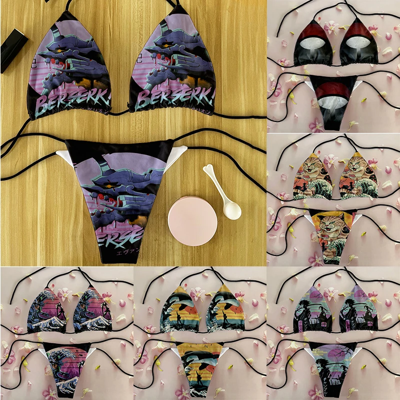 Japonský štýl tlačený sexy bikiny plavky Ženy Rozdelené plavky Sling Backless Metal Buckle Plauning Sury Summer Beach plávanie