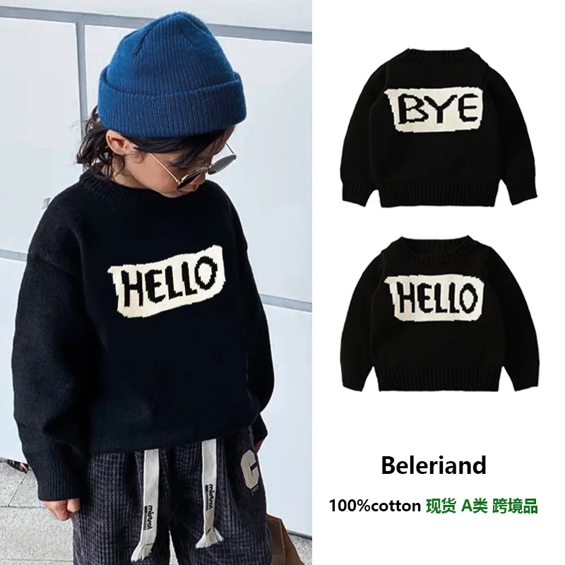 Jar a jesenné detské oblečenie Dievčatá Dievčatá pletený sveter Roztomilý list Ahoj Bye Pullovers Sweaters Sweater Kórejský štýl