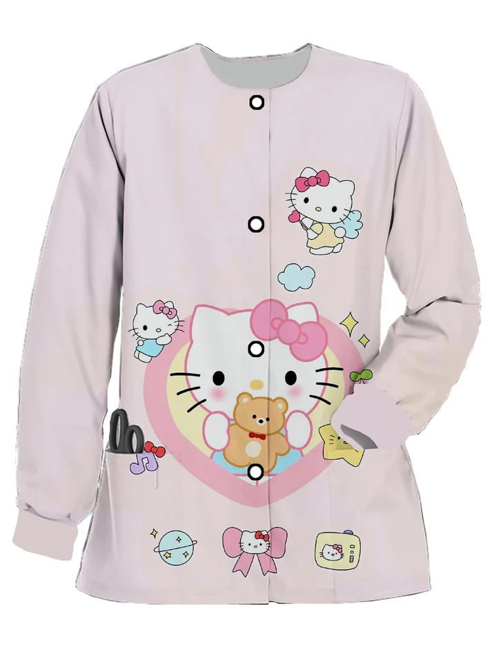 Jar a jeseň Nové gombíky s dlhým rukávom Nurse Diforma Hello Kitty tlačené dámske kardiganové bunda Pet Doctor Work Uniforma