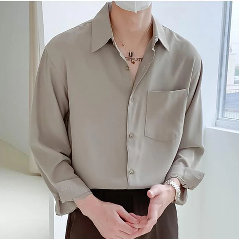 Jar jesenná módna móda High-end Mužská blúzka s dlhým rukávom Simple Casual Casy Chic Train Loose Solid Color All Match Top Men
