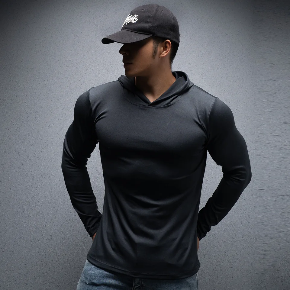 Jarná jesenná fitness tričko Pánske dlhé rukávy rýchle sušenie telocvične Tesné športy tenký výcvik Tričko Tričko Men Hoodie Sportswear