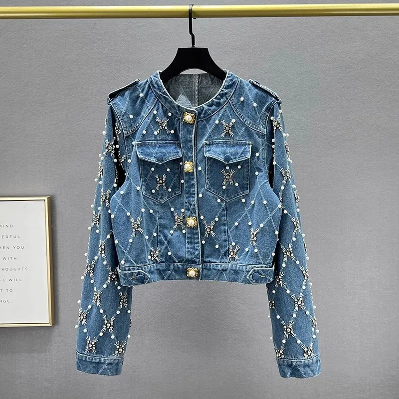 Jarná ťažká práca korálkový diamant Plaid Dámske modré krátke džínsy bunda O-krh s jednovrstvou s dlhým rukávom džínsoviny džínsoviny na streetwear