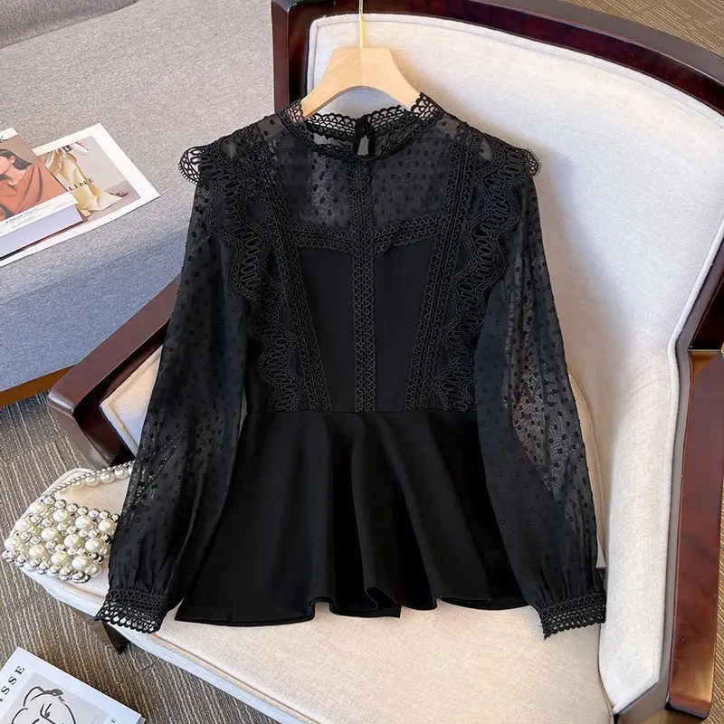 Jarné letné košele Kórejské dámske vrcholy s dlhým rukávom Čierny Rufle Retro blúzka Lady Elegantné čipky šifónové topy šifónov