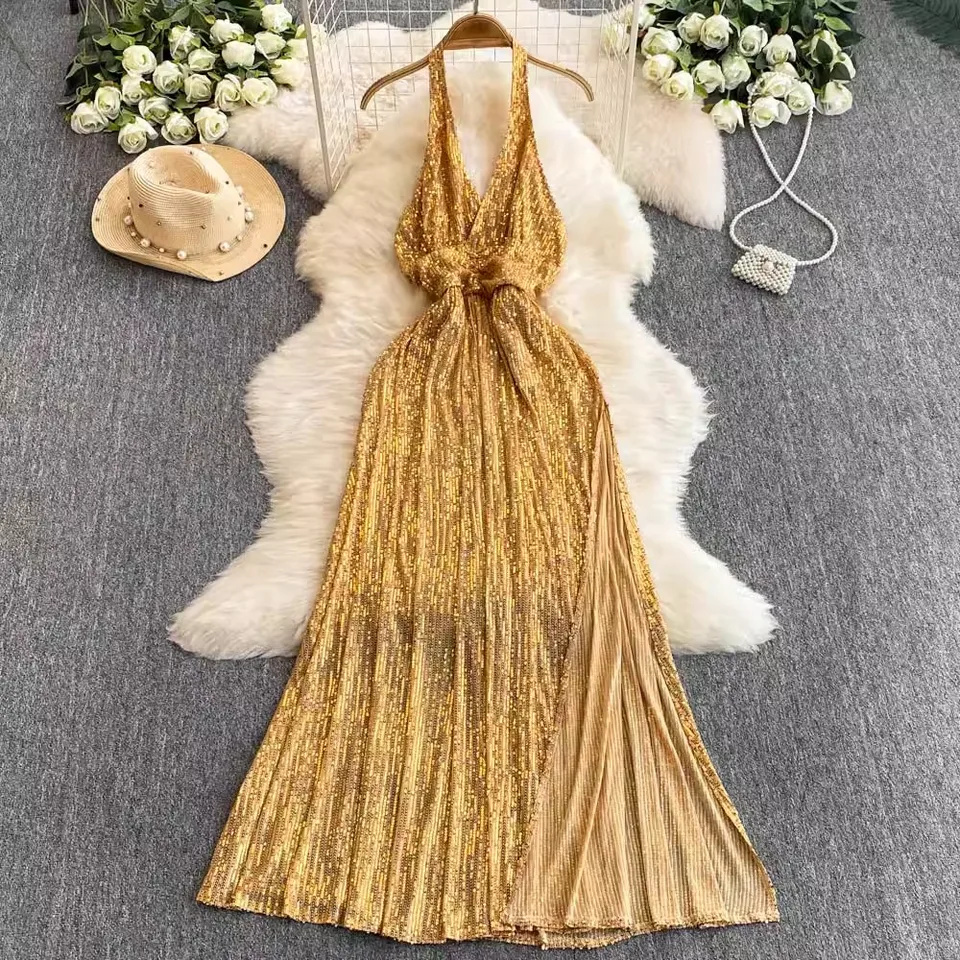 Jarné letné zlaté flicky bez rukávov Prom Prom Prom Party Clothes Rúch elegantné ženy v krku ohláňací halter High Wase backless split dlhé šaty