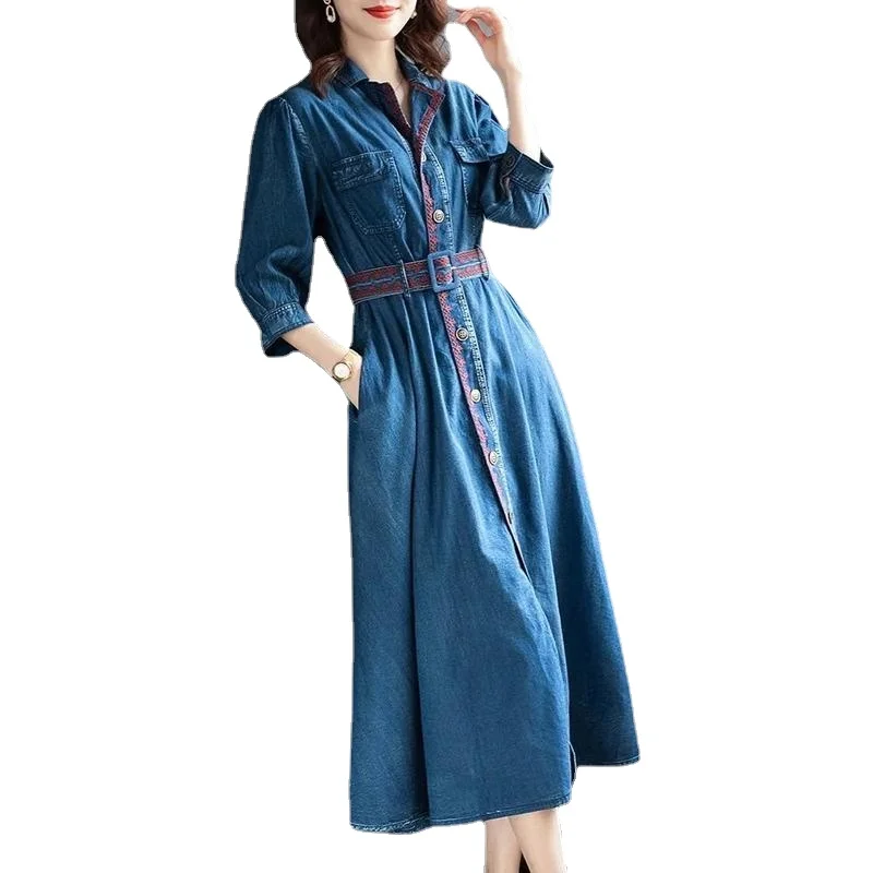 Jarné leto dámske oblečenie bavlna maxi džínsové šaty ručné výšivky plus francúzsky retro kórejský cheongsam sukňa harajuku