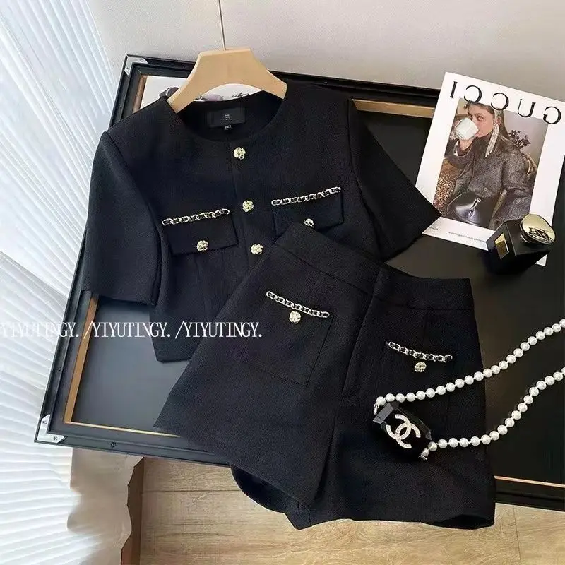 Jarné leto Ženy Vôňa Vintage čierny oblek Top + nohavičky s dvoma kusmi sada ženských zodpovedajúcich outfit dámsky jacquard