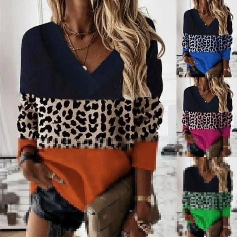 Jarné nové vzory Dámske tričko Loose Casy Casy Long Ruckve Leopard Print Floral Print V krk pružina a jesenné vrcholy blúzky