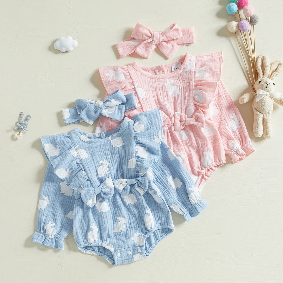 Jarné veľkonočné dieťa dieťaťa pre dievčatá BodySuit Bunny Print Lubles s dlhým rukávom kombinézy roztomilé čelenky súpravy