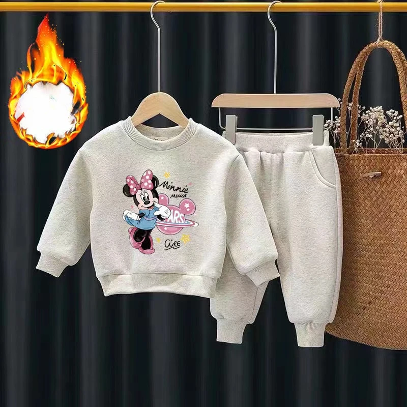 Jarné zimné dievčatká Plysové zahusťované oblečenie Set Kid Boy Mikiny Top a nohavice Oblek Deti Disney tlačené stopy