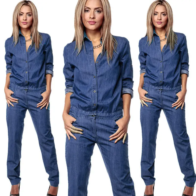 Jarné ženy denim kombinézy Príležitostné otáčanie goliera s dlhým rukávom modré džínsy kombinézy vintage jednostranné džínsové džínsové ženy