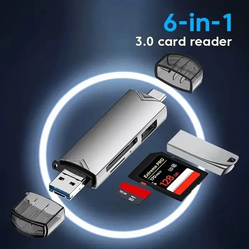 Jaster 6 in 1 Multifunkcia USB 3.0 čítačka kariet U Disk Type-C/USB/TF/SD Flash Drive Pamäťová karta pre adaptér Compute Compute